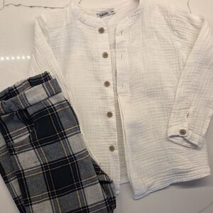 Babidu Kids White and Blue & Green Plaid Matching Set